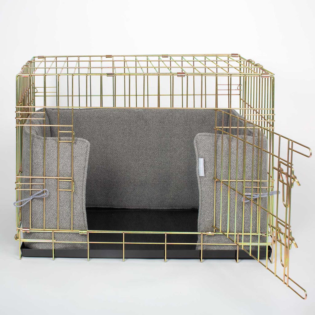 Handmade Dog Crate Bumper Pewter Herringbone Tweed Machine Washable