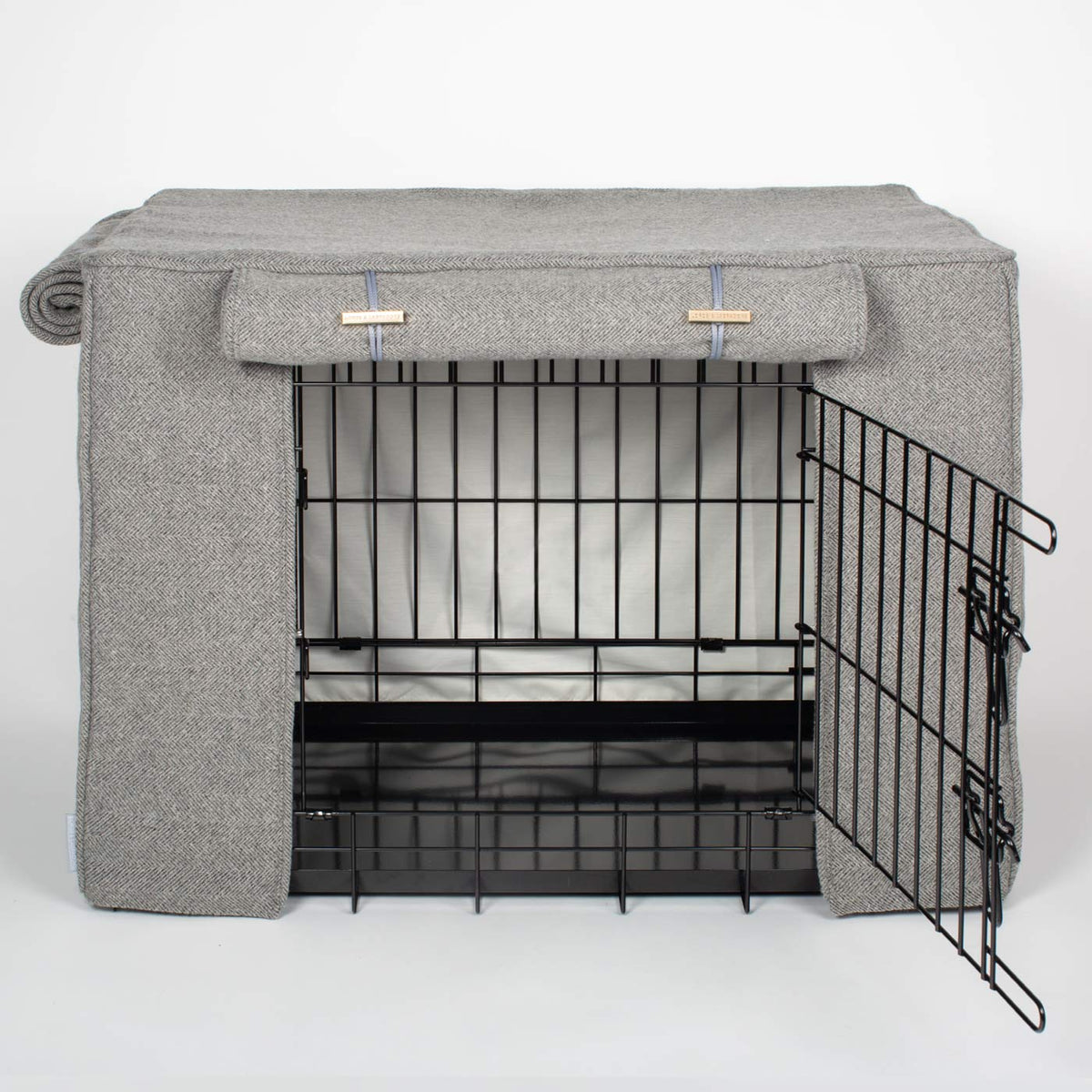 Fully Lined Dog Crate Cover in Pewter Herringbone Tweed