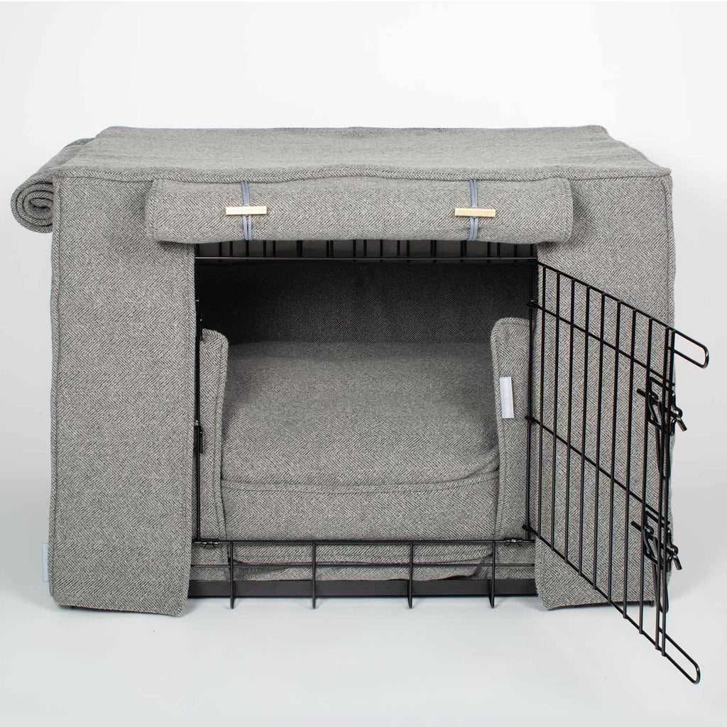 Niche pour chien personnalisable en tweed à chevrons étain lavable en machine
