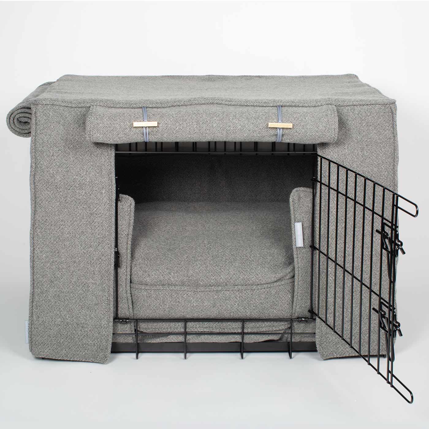 Niche pour chien personnalisable en tweed à chevrons étain lavable en machine