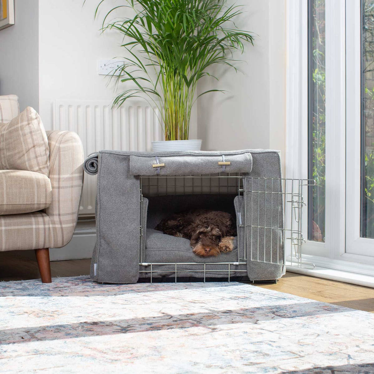 Niche pour chien personnalisable en tweed à chevrons étain lavable en machine