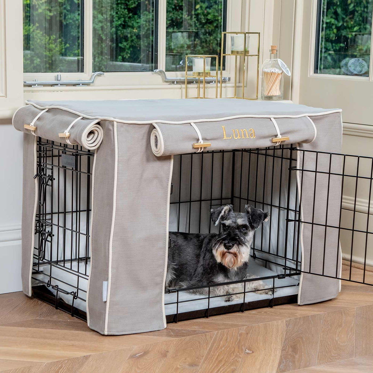 Fully Lined Cotton Dog Crate Cover Savanna Stone Eco Friendly Personalised