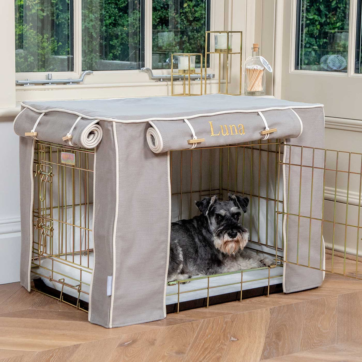 Fully Lined Cotton Dog Crate Cover Savanna Stone Eco Friendly Personalised