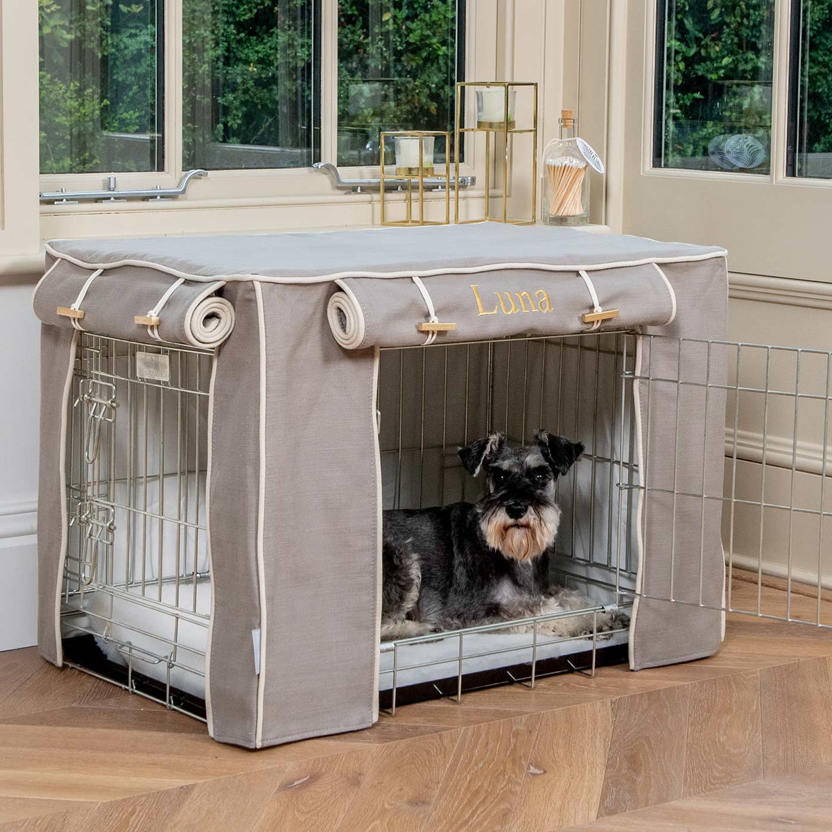Fully Lined Cotton Dog Crate Cover Savanna Stone Eco Friendly Personalised