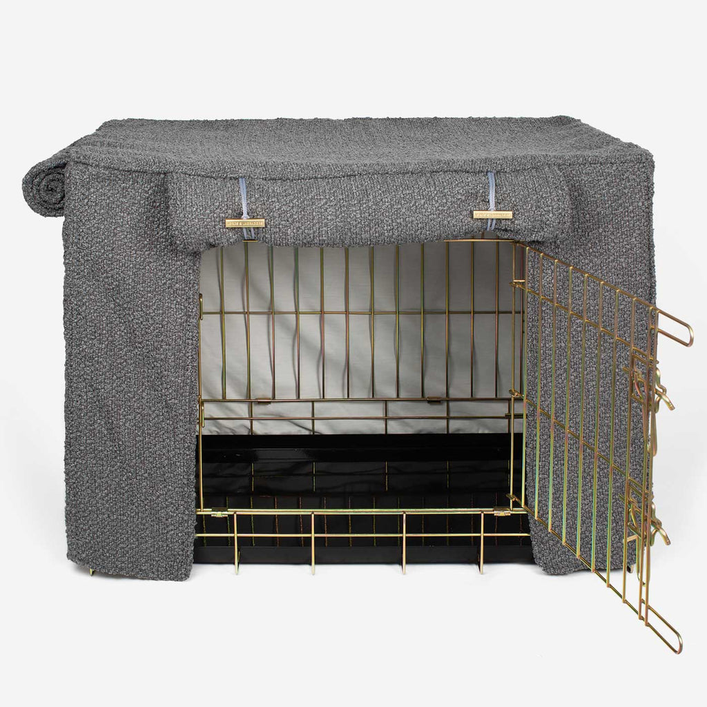 Vollständig gefütterte Hundeboxabdeckung Granit Bouclé Maschinenwaschbar Personalisiert