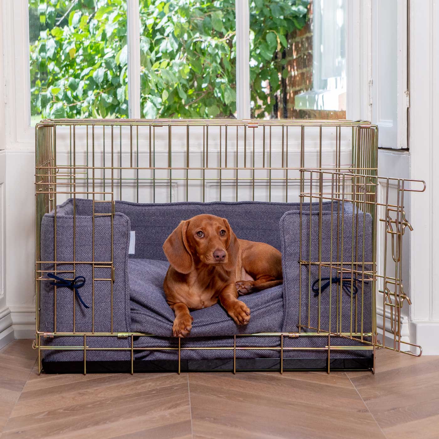 Pare-chocs de cage pour chien fait main en tweed chevrons Oxford lavable en machine