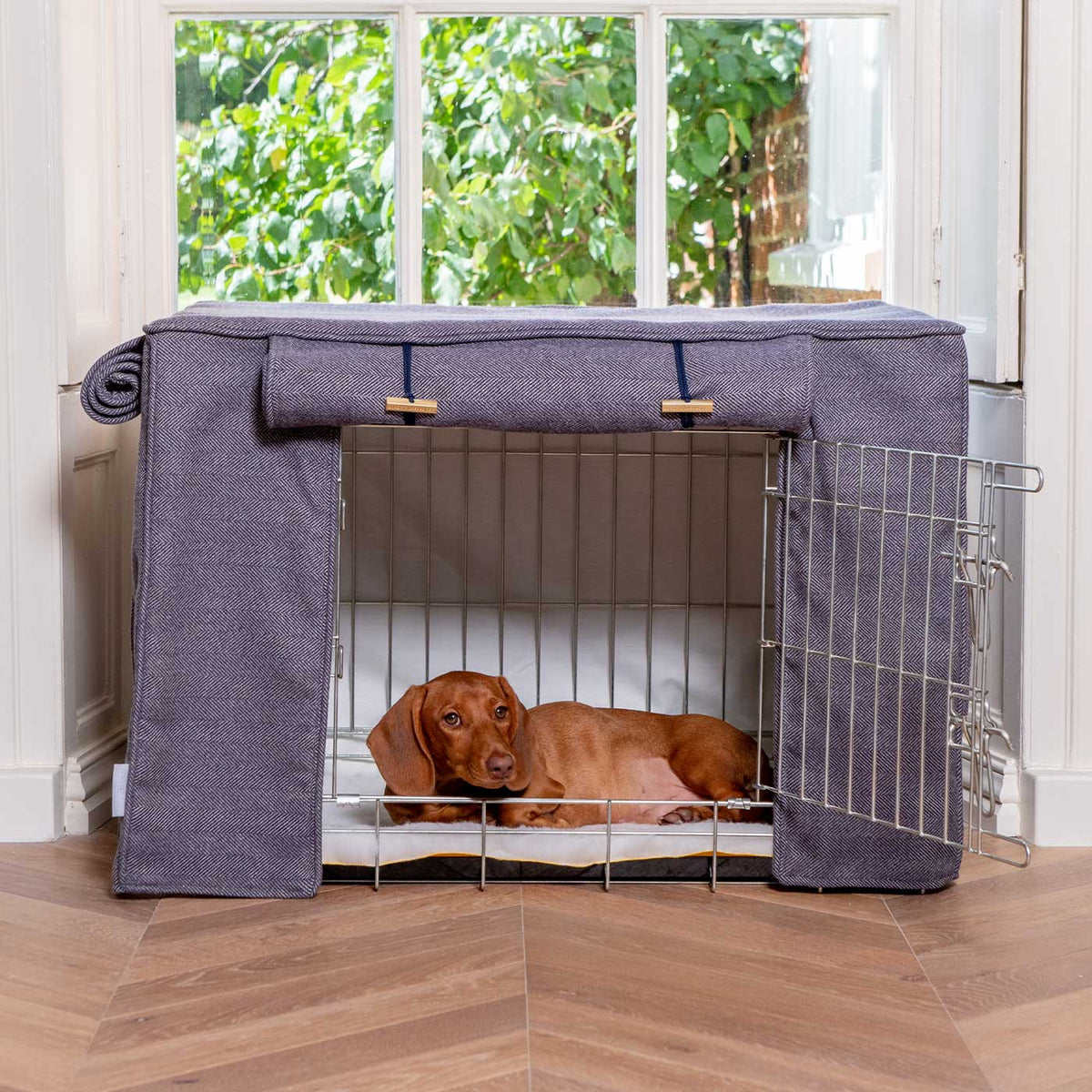 Housse de cage pour chien entièrement doublée, tissu Oxford à chevrons, lavable en machine, personnalisable.