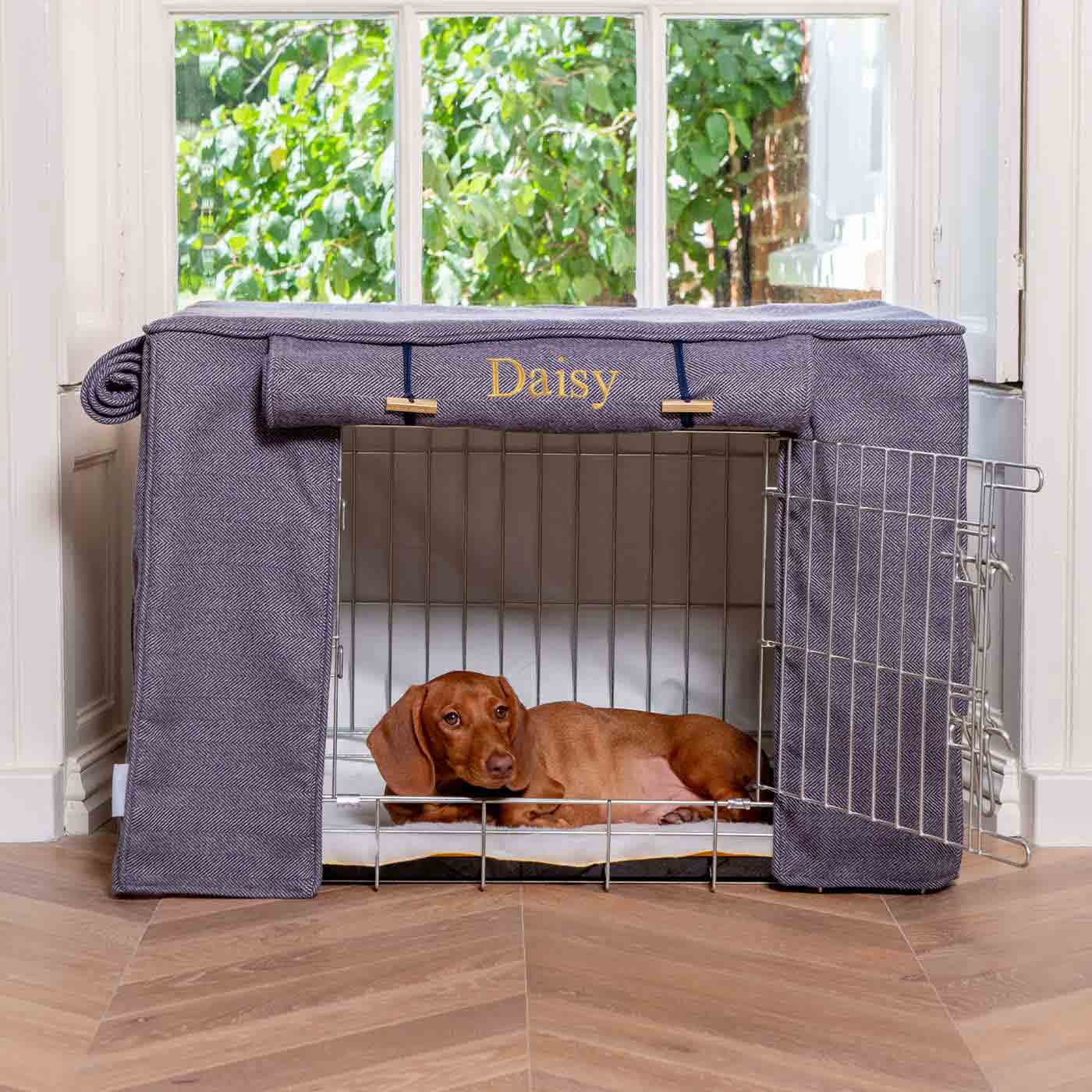 Housse de cage pour chien entièrement doublée, tissu Oxford à chevrons, lavable en machine, personnalisable.