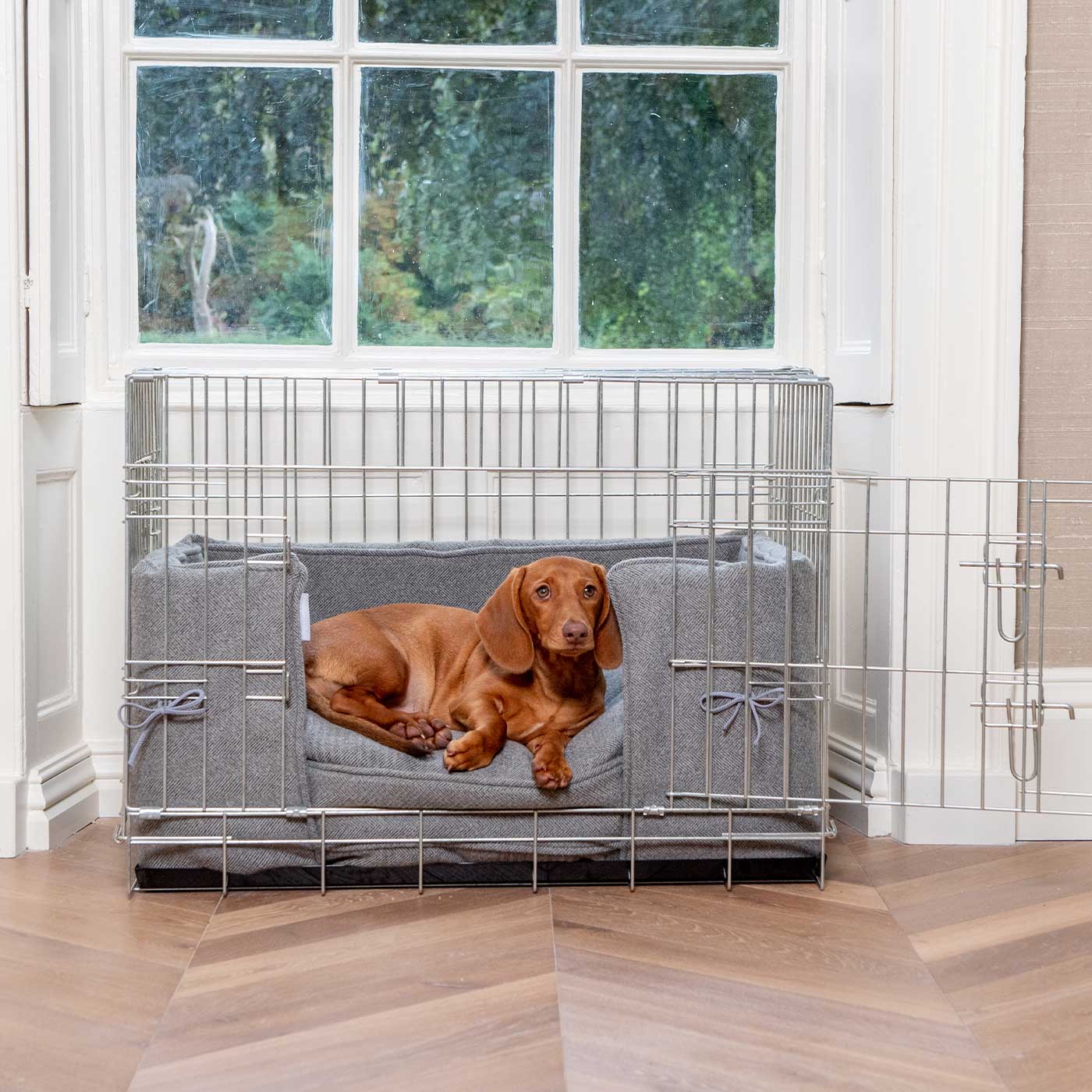 Handmade Dog Crate Bumper Pewter Herringbone Tweed Machine Washable