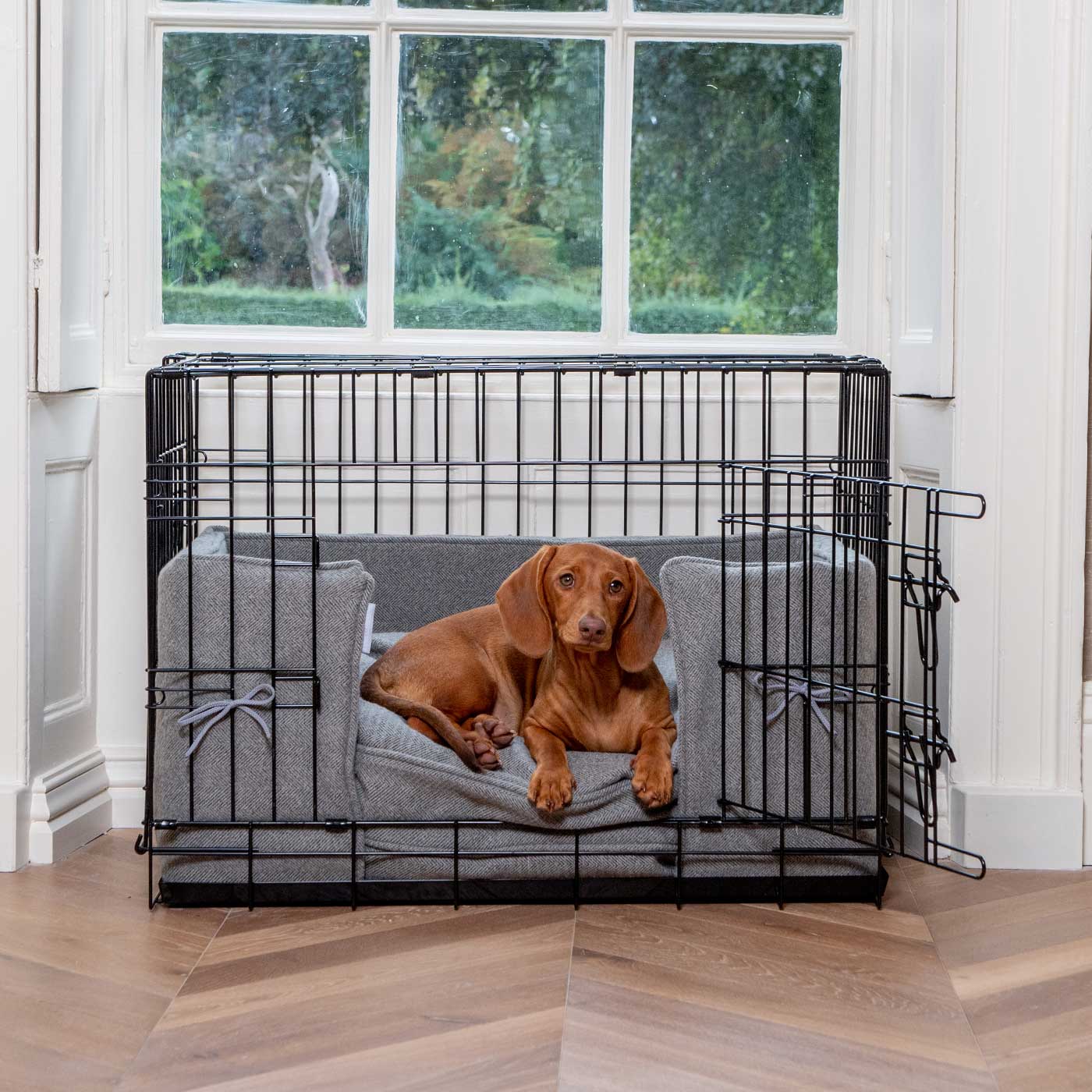 Handmade Dog Crate Bumper Pewter Herringbone Tweed Machine Washable