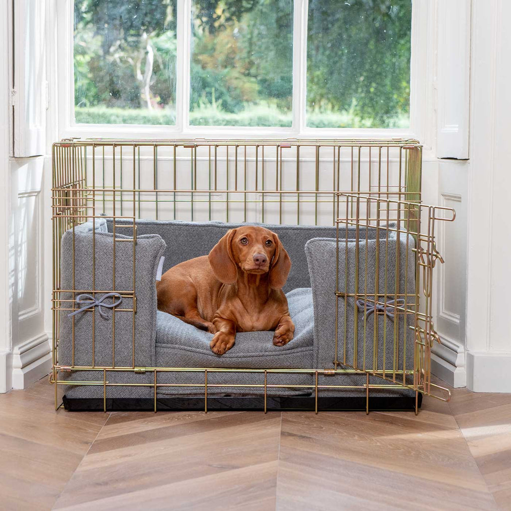 Handmade Dog Crate Bumper Pewter Herringbone Tweed Machine Washable
