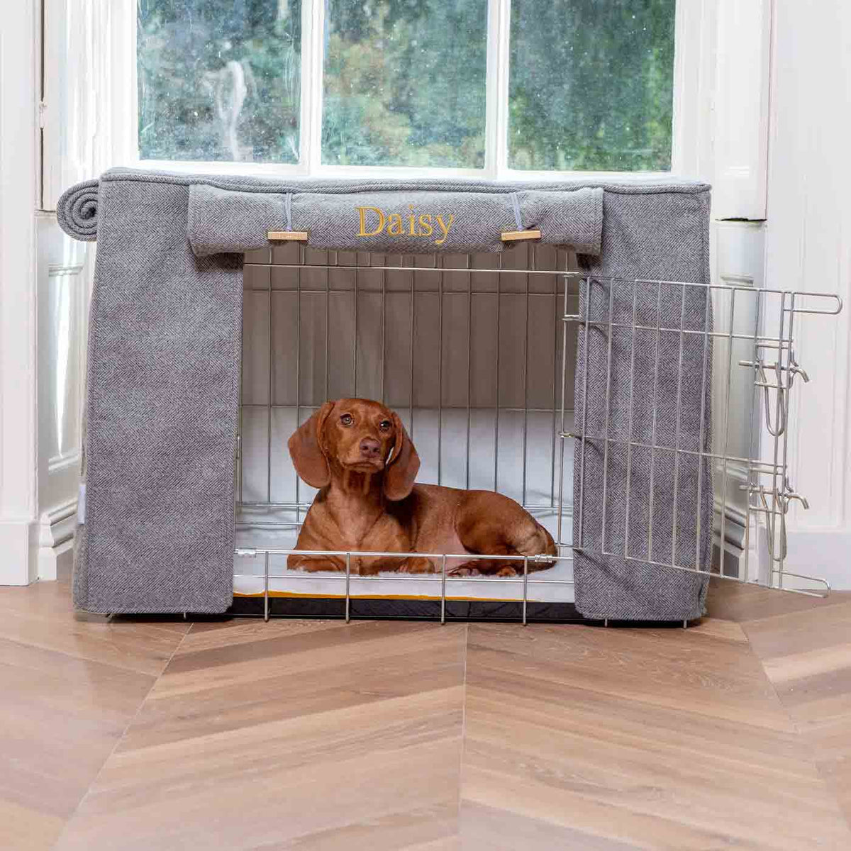 Housse de cage pour chien entièrement doublée, motif chevrons en étain, lavable en machine, personnalisable