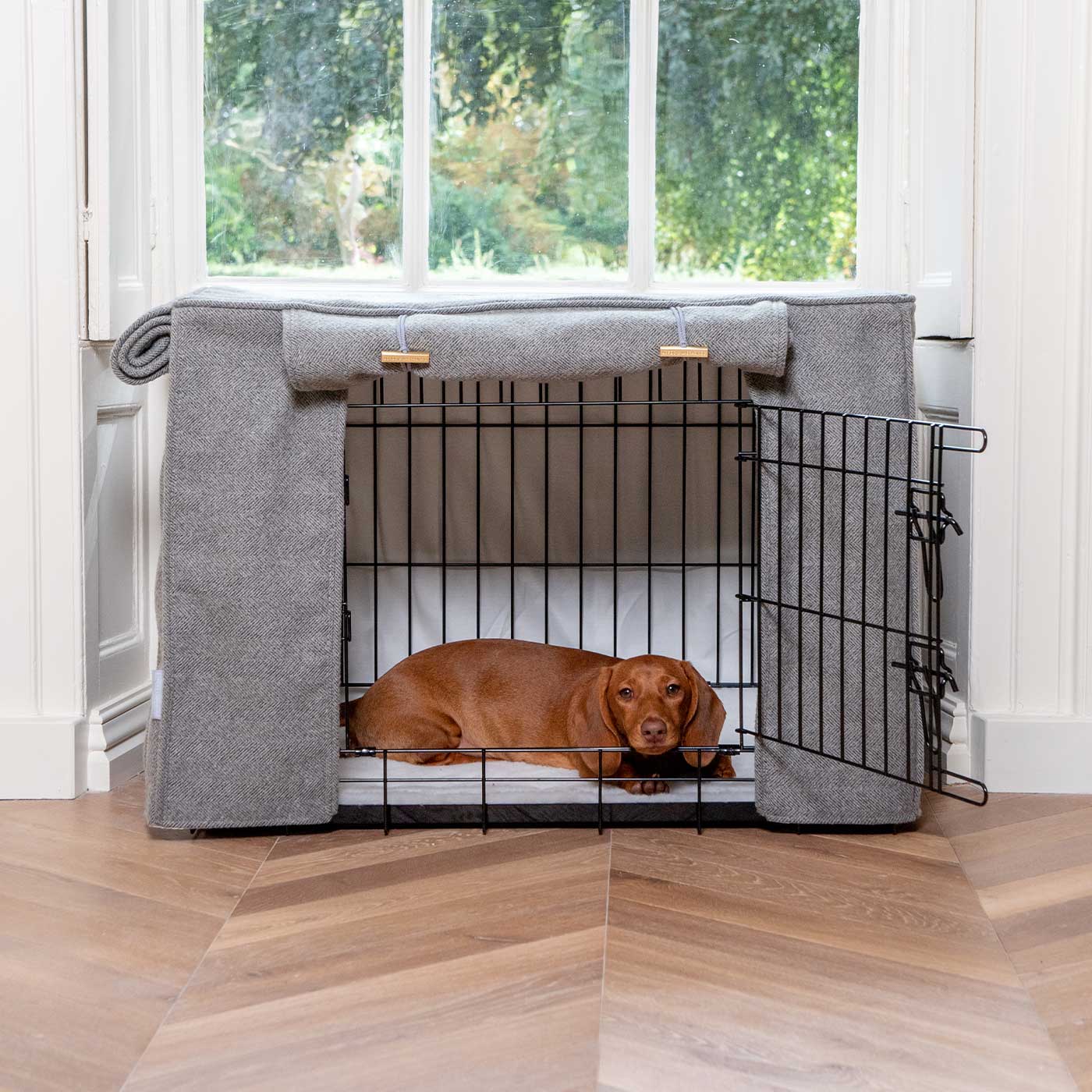 Housse de cage pour chien entièrement doublée, motif chevrons en étain, lavable en machine, personnalisable
