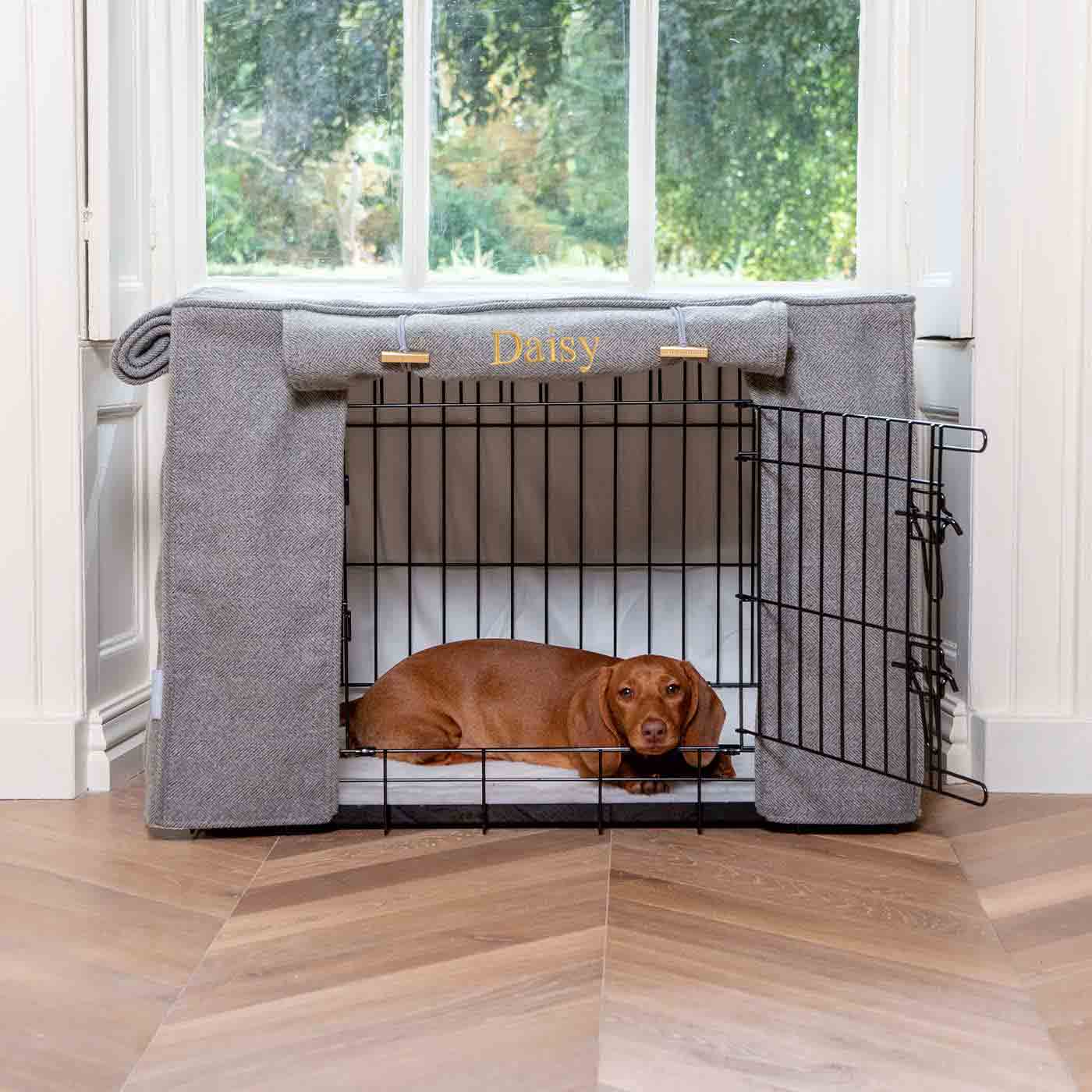 Housse de cage pour chien entièrement doublée, motif chevrons en étain, lavable en machine, personnalisable
