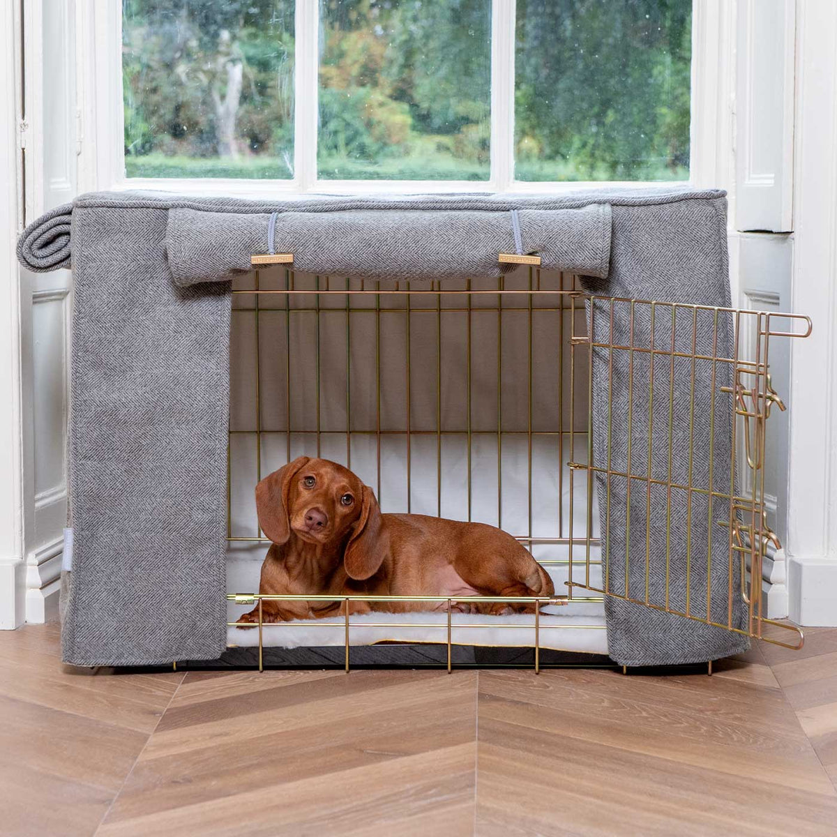 Housse de cage pour chien entièrement doublée, motif chevrons en étain, lavable en machine, personnalisable