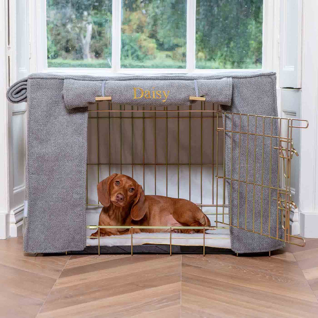 Housse de cage pour chien entièrement doublée, motif chevrons en étain, lavable en machine, personnalisable