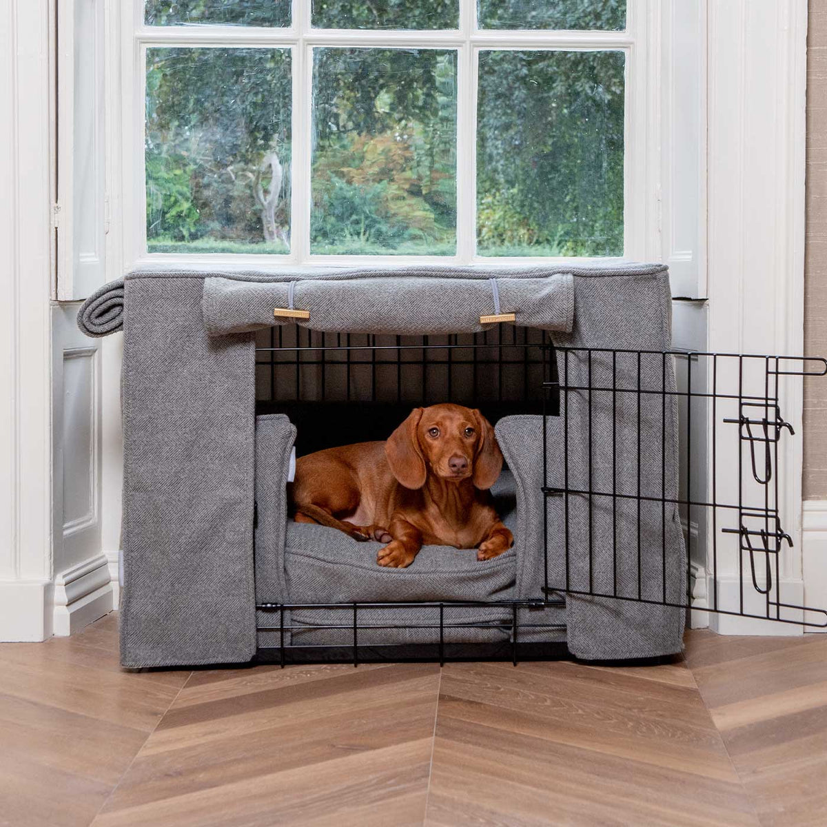 Niche pour chien personnalisable en tweed à chevrons étain lavable en machine