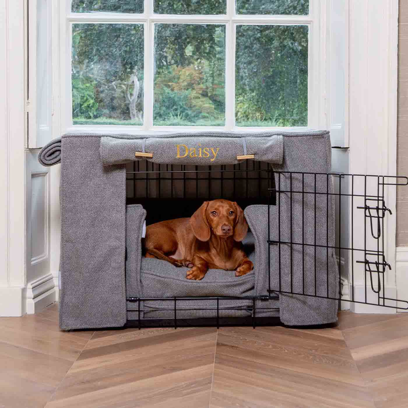 Niche pour chien personnalisable en tweed à chevrons étain lavable en machine