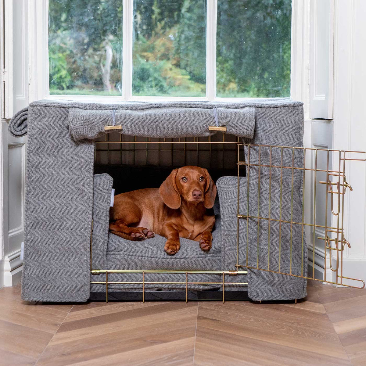 Niche pour chien personnalisable en tweed à chevrons étain lavable en machine
