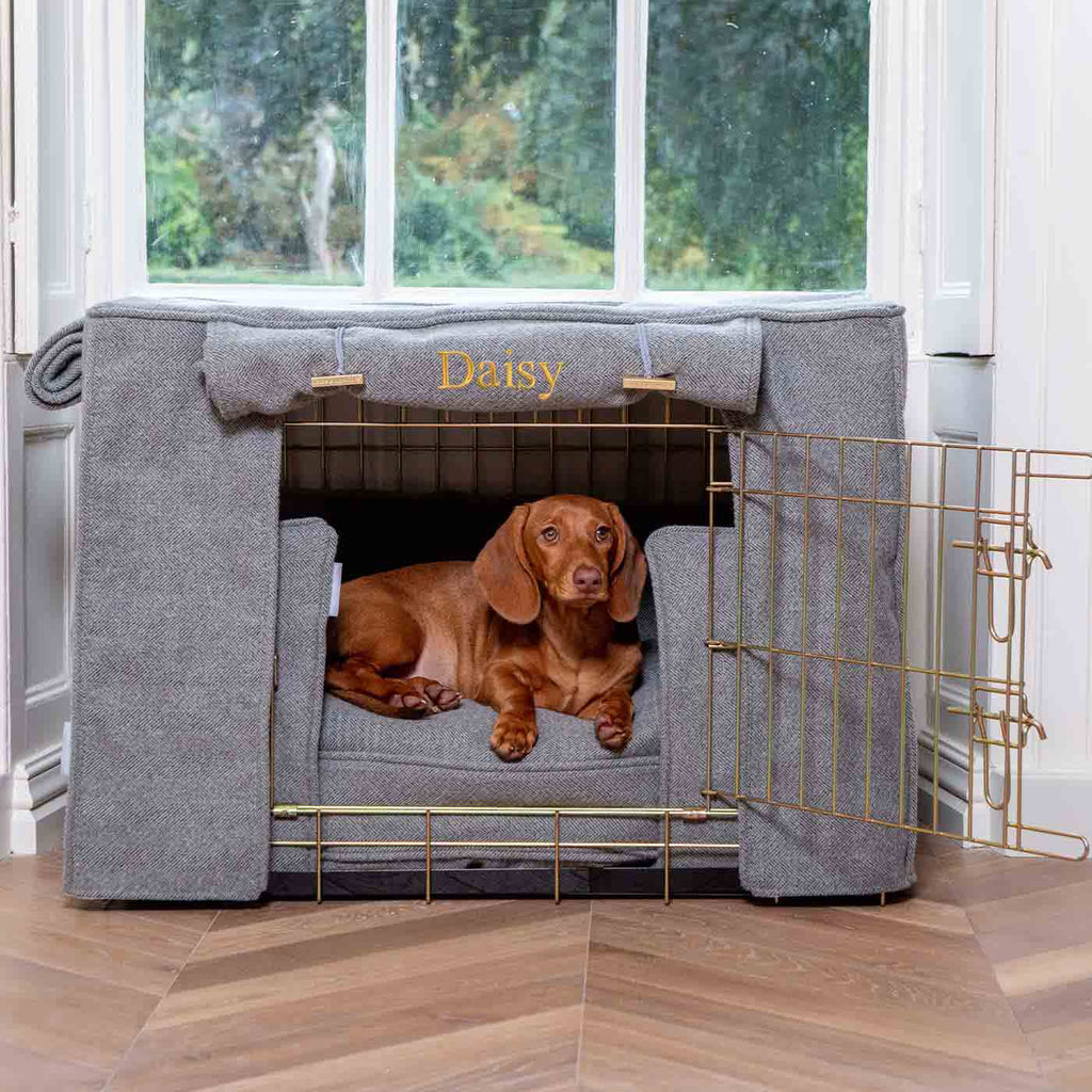 Niche pour chien personnalisable en tweed à chevrons étain lavable en machine