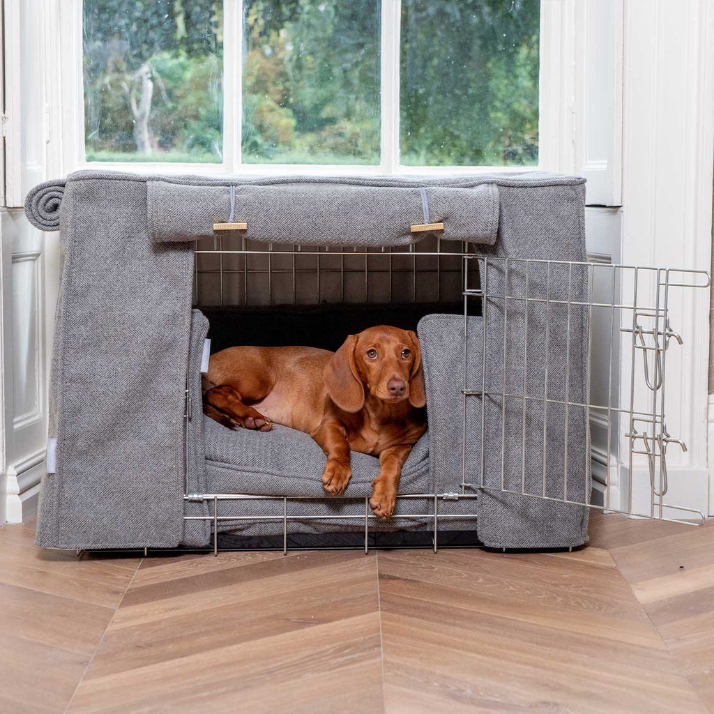 Niche pour chien personnalisable en tweed à chevrons étain lavable en machine