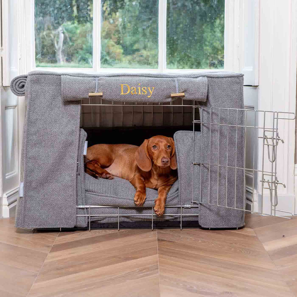 Niche pour chien personnalisable en tweed à chevrons étain lavable en machine